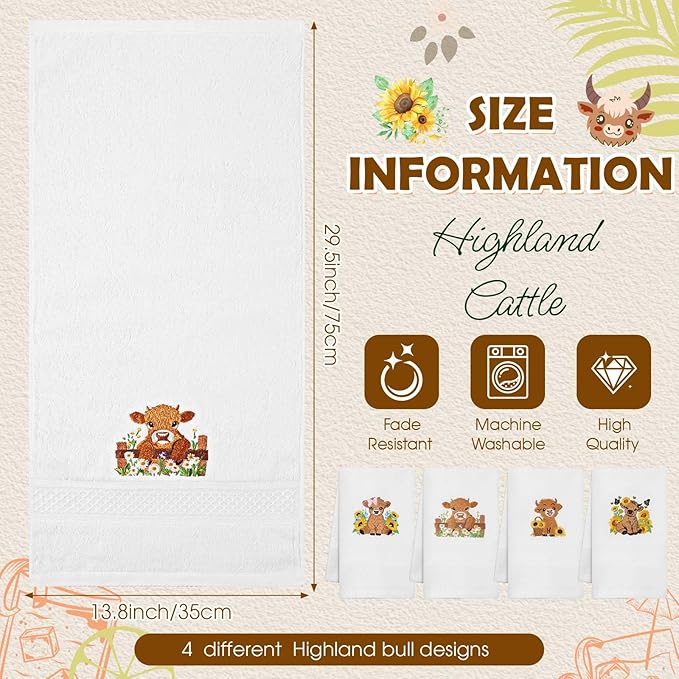 4 Pack Highland Cow Embroidered Towels with Sunflower Gifts Cotton 29.5" x 13.8" Farmhouse Country Hand Towels Absorbent Soft Kitchen Dish Cloths Bathroom Rustic Housewarming Party Decor