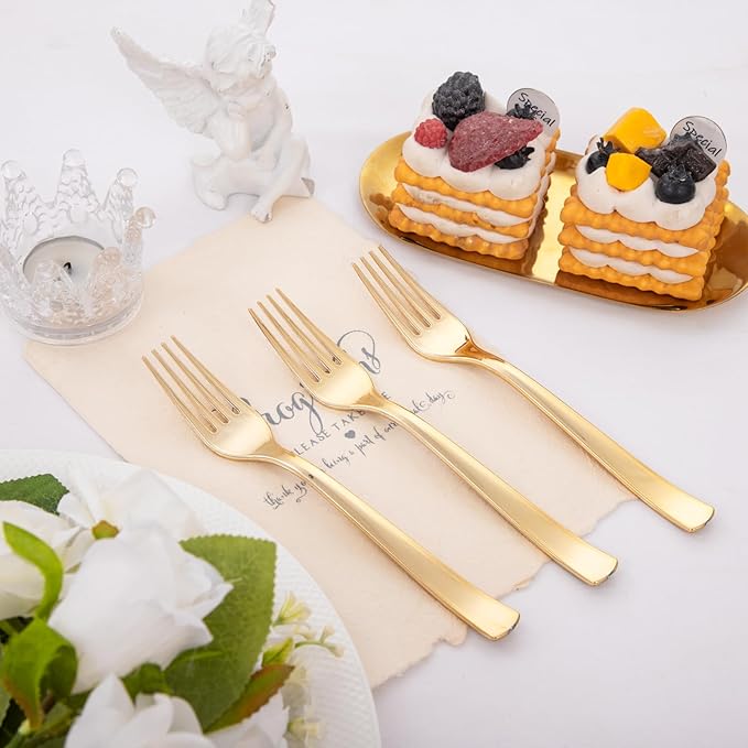 Liacere 360Pcs Plastic Forks - Heavyweight Forks - 7 Inch Heavy Duty Gold Disposable Forks- Gold Plastic Silverwar Perfect For Parties & Weddings & Thanksgiving & Restaurants And Daily Using