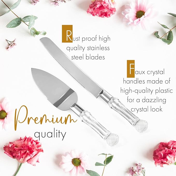 Wedding Cake Knife and Server Set, Cake Cutter and Pie Spatula, Cake Server and Knife Set of 2 with Crystal Handles, 1.2mm Thick Blades, Cutting Set for Birthdays, and Parties (Crystal Silver)