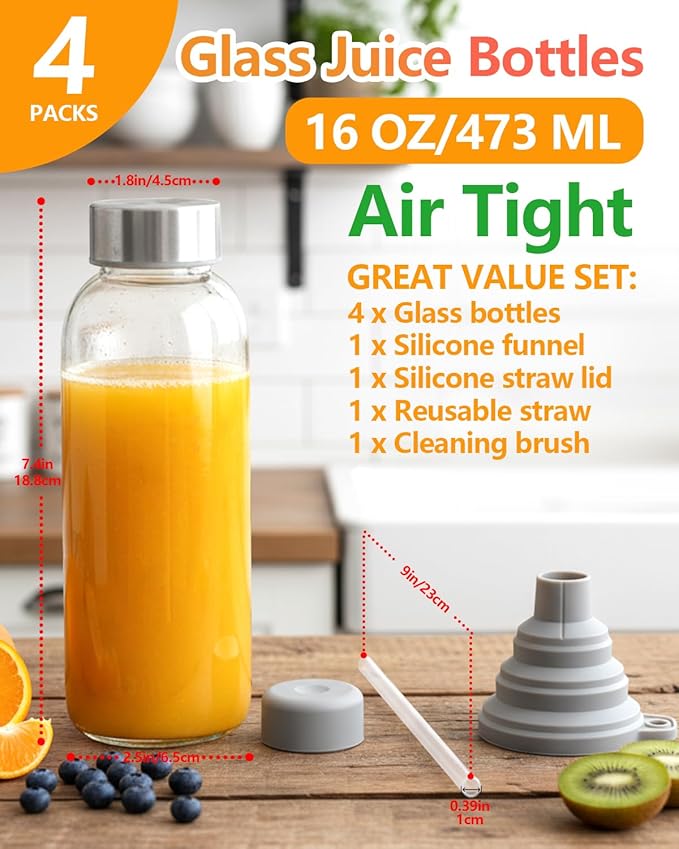 Zukro Glass Water Bottles with Lids & Straw 16 oz, 4 Pack Reusable Juice Bottles With Stainless Steel Cap for Juicing, Leak Proof Clear Smoothie Drinking Jars Beverages Containers, BPA Free