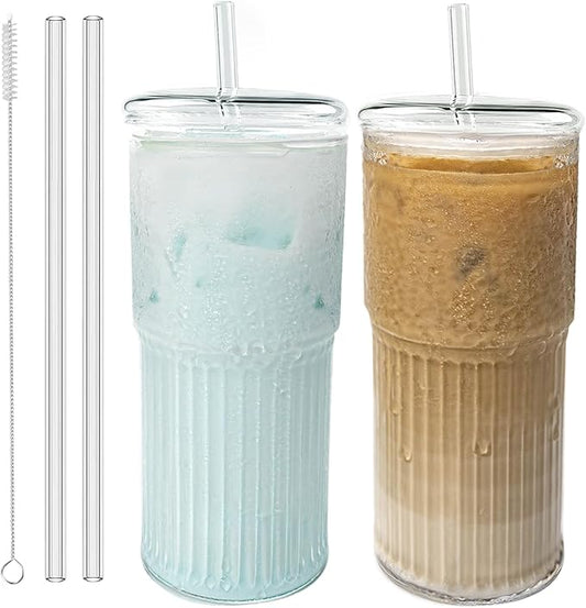 Glass Cups with Lids and Glass Straws, High Borosilicate 20OZ Tumblers (2Pcs) for Coffee, Tea, Juice, Smoothies, Hot/Cold Drinks at Home, Office（Christmas Creative Drink Label Design）