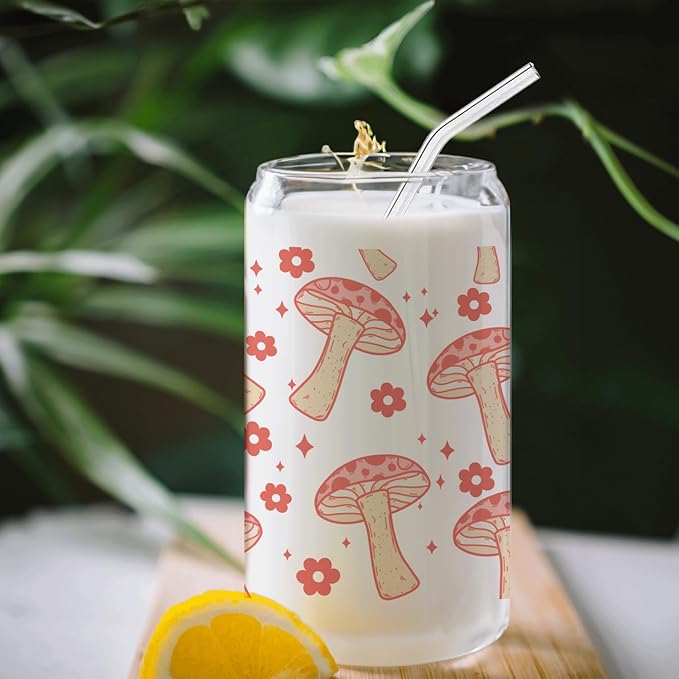 Red Mushroom Aesthetic Glass Cup with Lids and Straws 14oz - Mushroom Gifts for Women Mushroom Lovers Girls, Cute Mushroom Glass Coffee Tumbler Drinking Jars with Cleaning Brush