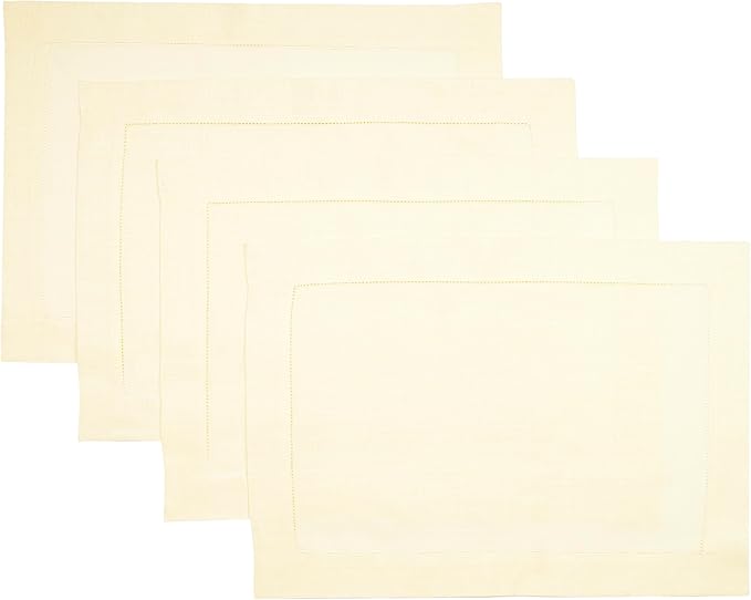 D'Moksha Homes Cream Linen Cloth Placemats Set of 4-100% Pure Linen Hemstitch Placemats 14 x 19 Inch - Classic Hemstitch Table Place Mats for Christmas, Holiday - Handcrafted and Machine Washable