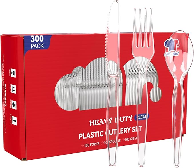 JOLLY CHEF 300 Count Clear Plastic Silverware, 100 Forks, 100 Spoons, 100 Knives, Heavy Duty Disposable Plastic Cutlery Set, Plasticware Bulk, Premium Clear Utensils for Party, Christmas