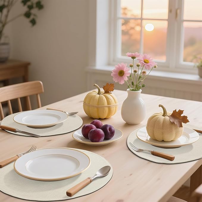 homing 15 Inch Round Cloth Placemats Set of 4, Cotton Linen Blend Washable Table Mats, Farmhouse Dining Place Mats for Indoors & Outdoors, Easy to Clean, Cream