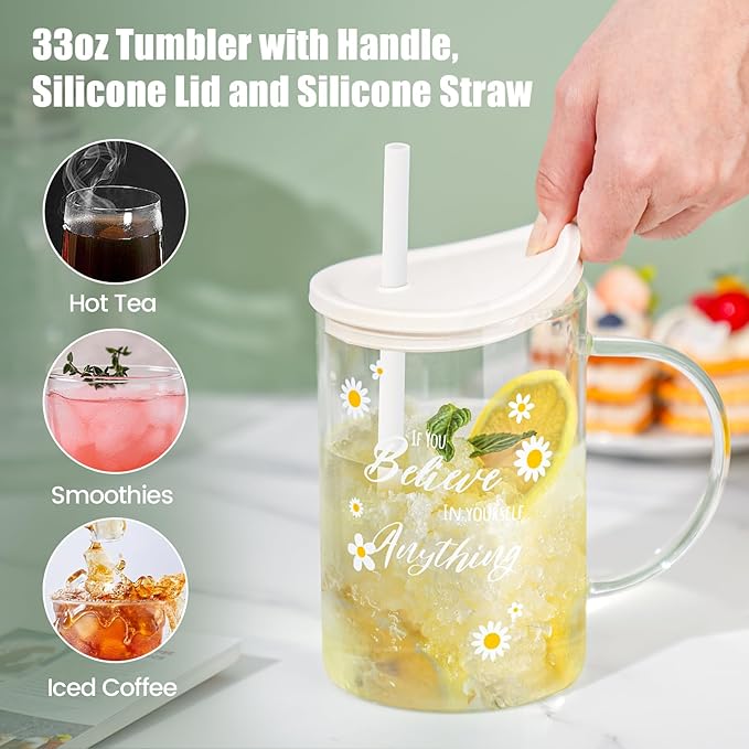 NiHome 33oz Large Clear Glass Cup with Handle, Silicone Lid & Straw, Wide Mouth Glass Coffee Mug for Hot and Cold Drinks, Glass Tumbler Set with Decorative Daisy Pattern for Coffee/Beer/Milk/Tea/Water