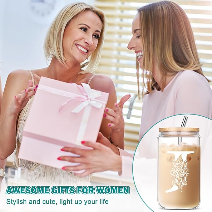 Gifts for Women, Personalized Monogrammed Gifts for Sister Mom Friend Wife, Birthday & Ideas 2024 - Iced Coffee Cute Glass Cups with Lids and Straws