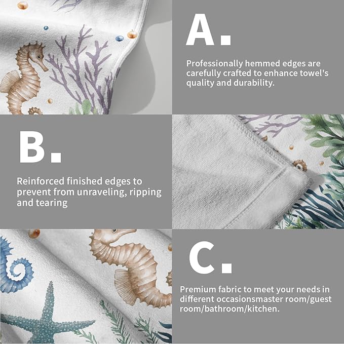 Imiss Nautical Coastal Hand Towels Coral Starfish Seashell Kitchen Towels 14.4 x 28.3 Inch Sea Themed Dishcloth Summer Beach Decorative Washcloth for Face Yoga Gym Spa