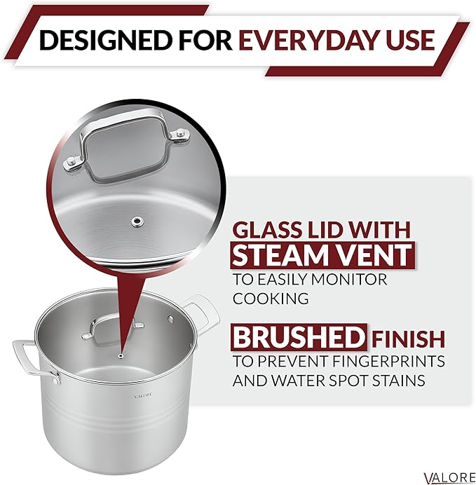 Valore 3 pc Stainless Steel Stock Pot Set - 12, 16 & 24 qt - 5-ply Canning Pots with Brushed Stainless Finish & Riveted Handles - Canning Supplies Compatible with All Cooktops