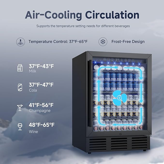 24 Inch Beverage Refrigerator, 180 Cans Under Counter Beverage Fridge with Glass Door, LED Light, Built-in or Freestanding Beer Fridge for Soda, Water, Wine - Home, Bar or Office