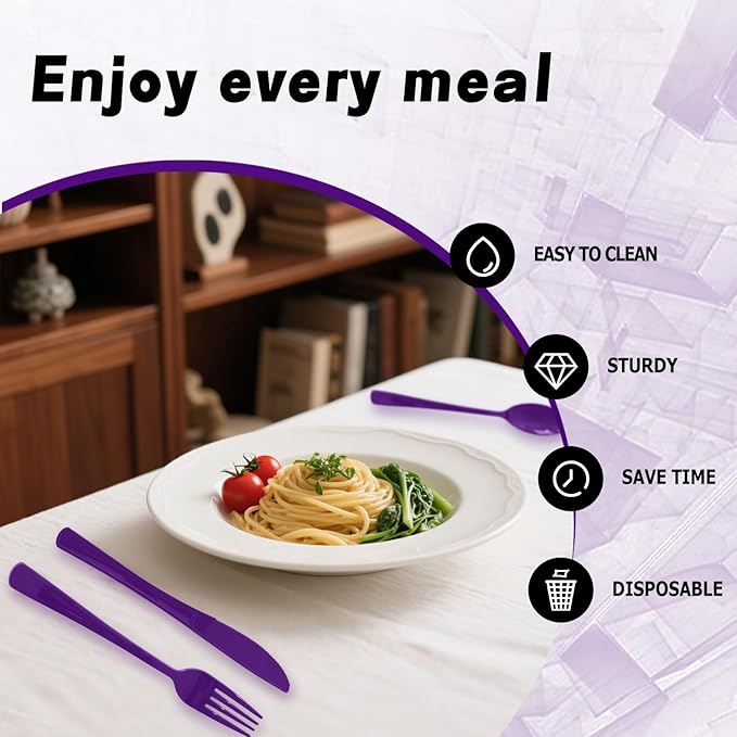 150 Pack Disposable Plastic Silverware, Heavy Duty Black Plastic Cutlery Set Includes 50 Forks 50 Knives 50 Spoons for Birthday Wedding Party Picnics (150, Purple)