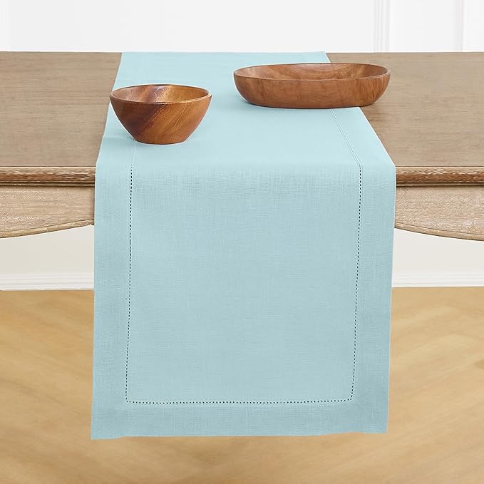 Solino Home Linen Aqua Blue Table Runner 90 Inches Long - 100% Pure Linen Hemstitch 14 x 90 Inch Table Runner for Dining, New Year, Winter - Classic Hemstitch