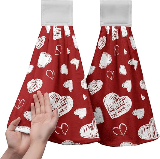 Valentines Heart Hanging Kitchen Towels Red Valentine's Day Hand Tie Towels Home Decorations Holiday Soft Absorbent Dish Towel with Hanging Loop for Bathroom Kitchen