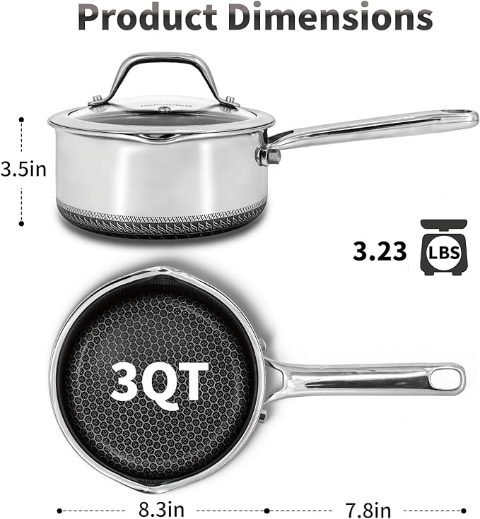 Hybrid Nonstick 3 QT Saucepan with Lid, Stainless Steel Honeycomb Pot with Two Pour Spouts,Compatible with All Cooktops,Dishwasher and Oven Safe