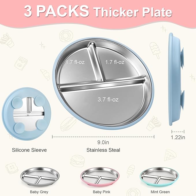 Bella's Friends Stainless Steel Toddler Plates Silicone Suction,3 Packs Non-Slip Baby Plates,Divided Portion,Food-Grade Silicone Plate for Kids,LEAD-FREE Dishwasher Safe,Grey Mint Green Pink