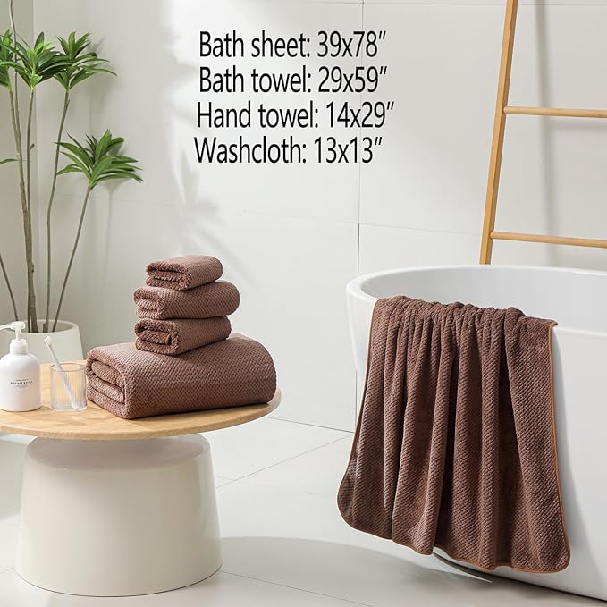 YTYC 29x59 Inch Extra Large Bath Towels Set of 6 Quick Dry Super Soft Microfiber Towels for Bathroom 80% Polyester (Brown,6 Piece)