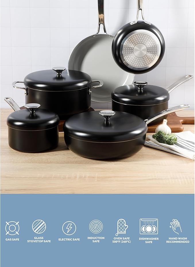 Sur La Table Kitchen Essentials Potluck Porch 10 Piece PFA Free Ceramic Non stick Interior Forged Aluminum Cookware Pots and Pans Set W/Aluminum Lids - Black - Induction Compatible