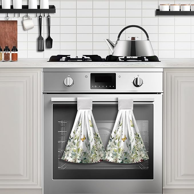 Sage Green Eucalyptus Hand Tie Towels Set of 2 Spring Summer Leaves Hanging Kitchen Towel 12 x 17 Inch Soft Absorbent Dish Towels with Hanging Loop for Kitchen Bathroom Hotel Gym