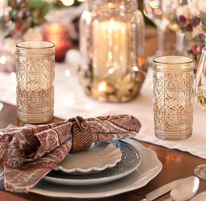 6 Pack Highball Beverage Glass Cup, 12oz Amber Glassware Drinking, Vintage Embossed Drinking Glasses, Old Fashioned Glass for Party Wedding Home Office and Gift