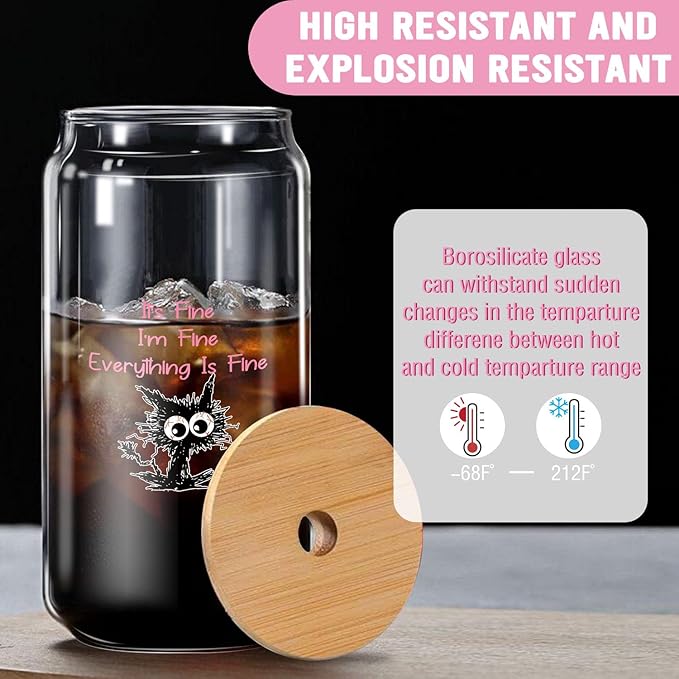 Pink Glass Tumbler Set with Straw, Cleaning Brush in Gift Box - Ideal Aesthetic Coffee Bar, Funny Cat Glass Cup Gifts-It's Fine I'm Fine - Present for Women Friends-16 Oz