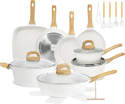 EWFEN 25 Pcs Pots and Pans Set, Nonstick Ceramic Cookware Sets, Healthy Non-Toxic, Large Capacity, Induction Compatible, Cooking Set with Frying Pans & Saucepans, PFAS/PTFE/PFOA Free, Cream White