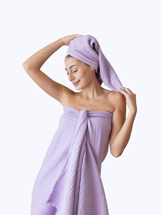 4 Pieces Muslin Towel Set for Bathroom, Luxury 100% Turkish Cotton Thin Soft Quick-Dry Lint-Free Large Size Bath Hand Towel Sets (Lilac, 2 Bath & 2 Hand Towel Set)