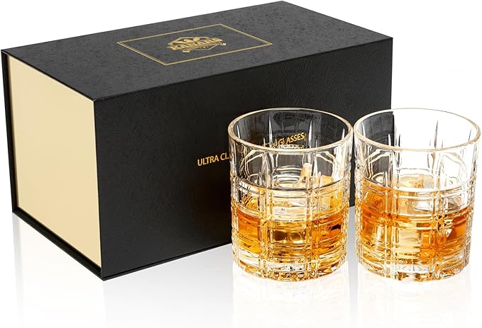 KANARS Whiskey Glasses Set of 2, 10 Oz Crystal Old Fashioned Cocktail Glass in Gift Box, Rock Barware for Scotch Whisky Cognac, Bourbon, Gift for Father's Day Christmas