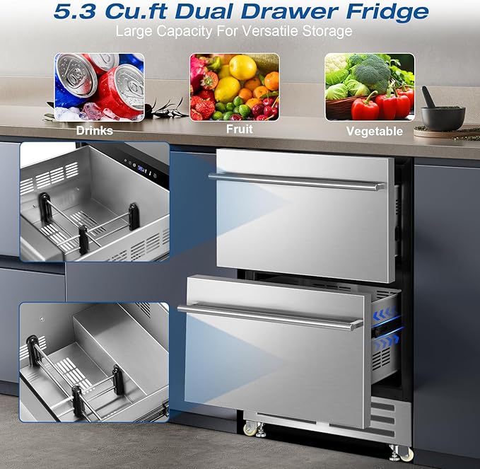 24 Inch Dual Drawer Fridge Under Counter with Wheels, Outdoor Beverage Refrigerator for Patio, Stainless Steel Weather-Proof, Freestanding or Built-In Installation, Ideal for Home and Commercial Use