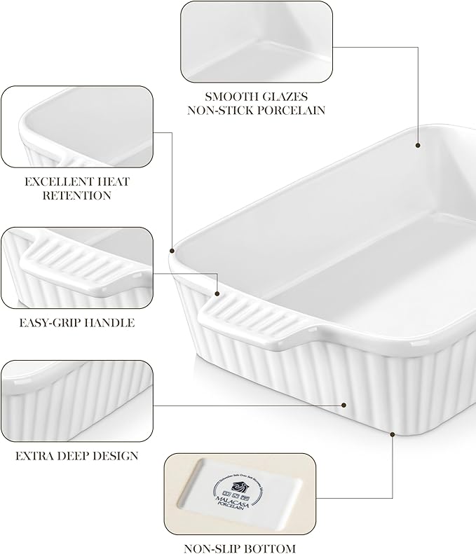 MALACASA 4.4 QT Baking Dish, 9x13 Large Casserole Dish for Oven, Ceramic Baking Pan, Rectangular Lasagna Pan Deep with Handles for Baking, Durable Microwave Oven Safe, Wedding Gift,White, Series BAKE-BAKE