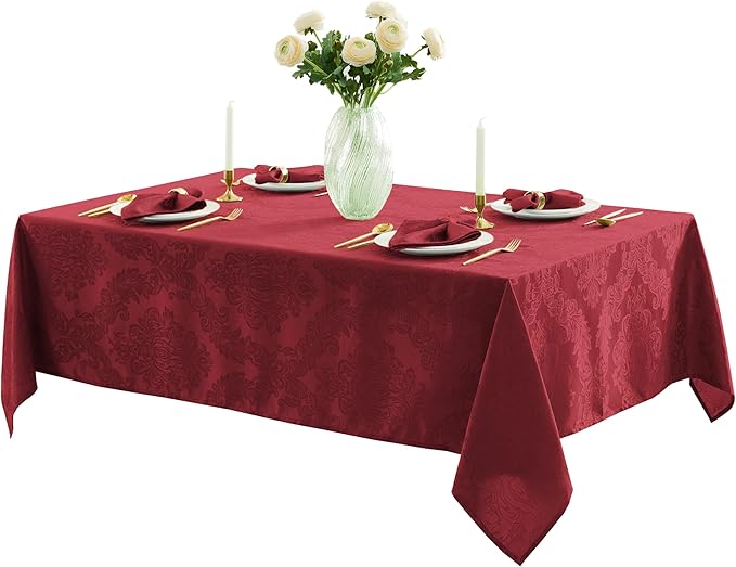 Newbridge Christmas Barcelona Damask Fabric Tablecloth, 60 x 120 Inch Rectangle, Burgundy – No Iron, Soil Resistant Table Cover for Dining, Parties and Holidays