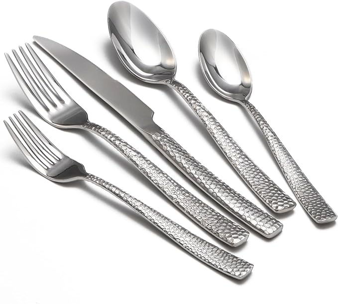 Hammered Silverware Set, 20 Piece Stainless Steel Flatware Set for 4, Food-Grade Tableware Cutlery Set for Home Restaurant, Mirror Polished, Dishwasher Safe