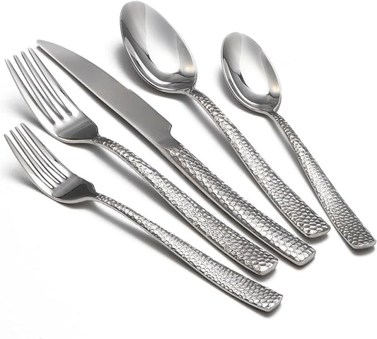 Hammered Silverware Set, 20 Piece Stainless Steel Flatware Set for 4, Food-Grade Tableware Cutlery Set for Home Restaurant, Mirror Polished, Dishwasher Safe