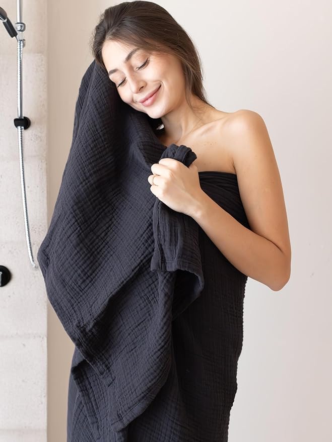 4 Pieces Muslin Towel Set for Bathroom, Luxury 100% Turkish Cotton Thin Soft Quick-Dry Lint-Free Large Size Bath Hand Towel Sets (Black, 2 Bath & 2 Hand Towel Set)
