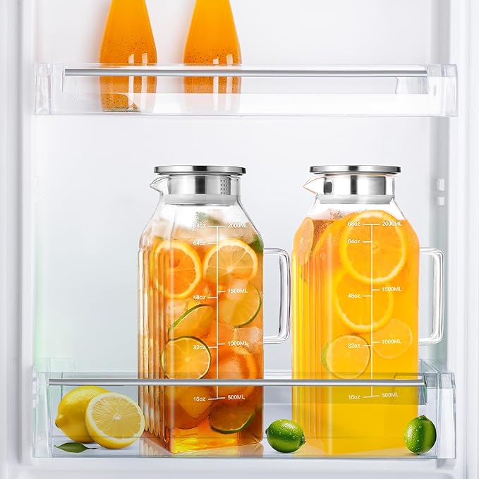 2 Liters/68oz 2 Pack Square Glass Pitcher with Lid and Handle for Fridge Door, Aofmee Borosilicate Glass Heat Resistant Dishwasher Safe Iced Tea Jar, Carafe with Scale Line for Hot/Cold Beverage
