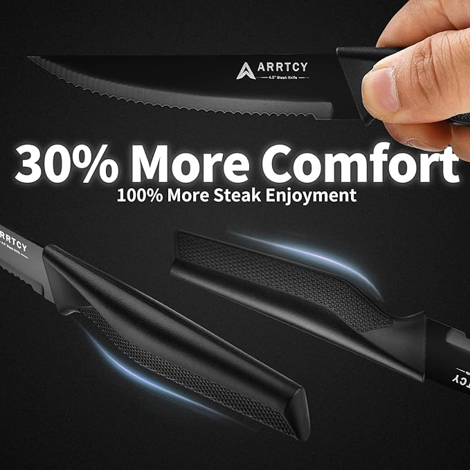 Steak Knives Set of 4 - German Stainless Steel 4.5 Inch Serrated Steak Knives - Ergonomic Anti-Slip Handles - Dishwasher Safe - Elegant Gift for Holidays - Black