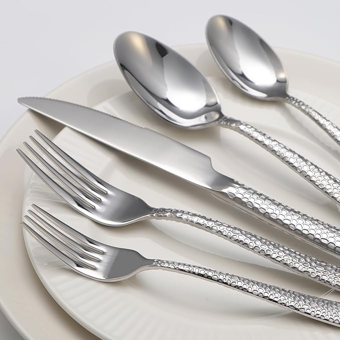 Hammered silverware set, 40 Piece Stainless Steel Flatware Set for 8, Food-Grade Tableware Cutlery Set for Home Restaurant, Mirror Polished, Dishwasher Safe