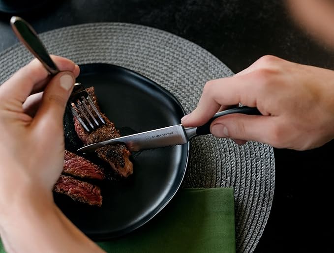DURA LIVING 8-Piece Serrated Kitchen Steak Knife Set – Forged High Carbon Stainless Steel, Ultra Sharp, Ergonomic Black Handles, Durable Dinner Knives, Black Handle