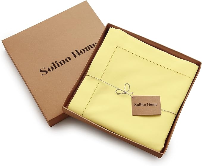 Solino Home Yellow Cotton Linen Tablecloth 58 x 120 Inch - Hemstitch Table Cloth for Rectangle Tables - Machine Washable Tablecloth