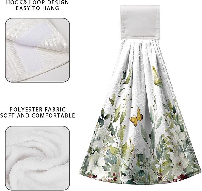 Sage Green Eucalyptus Hand Tie Towels Set of 2 Spring Summer Leaves Hanging Kitchen Towel 12 x 17 Inch Soft Absorbent Dish Towels with Hanging Loop for Kitchen Bathroom Hotel Gym