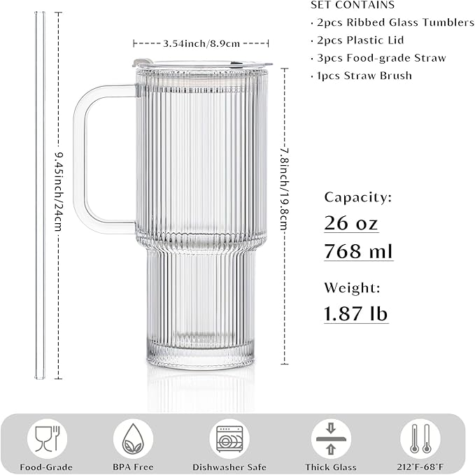 INSETLAN 26oz Ribbed Glass Tumbler with Handle & Lid – 2-Pack Large Iced Coffee Cups with Straws, Modern Glass Mug for Cold & Hot Beverages, Aesthetic Travel Cup for Smoothies, Tea, and Juice