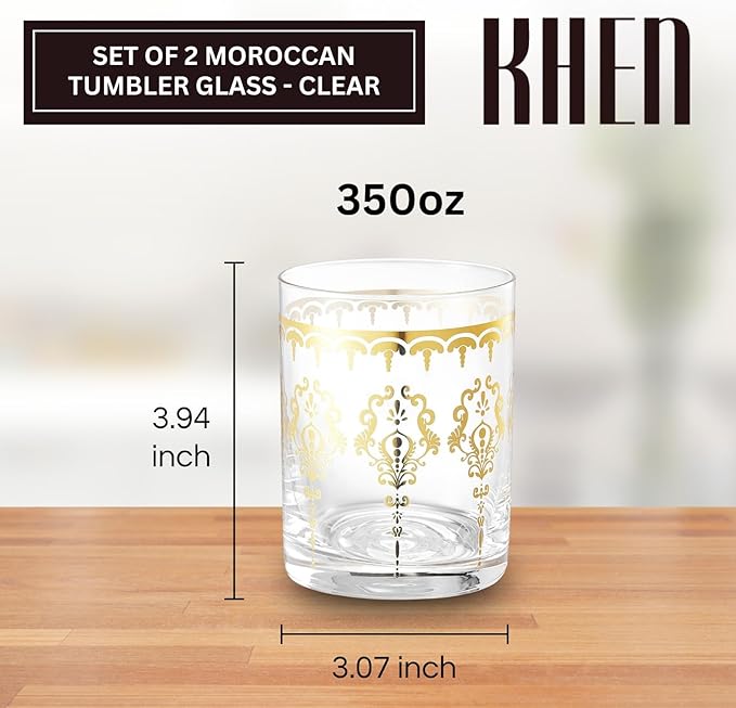 Khen Clear Moroccan Tumbler Glassware | Set of 2 | Gold Ornate Vintage Decorative Drinking Cups, Retro Bohemian Pattern Barware for Water, Whiskey, Cocktail, Iced Tea, Durable Embossed Home Drinkware