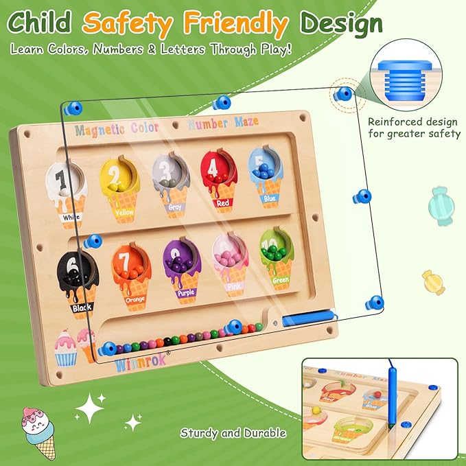 2 in 1 Magnetic Color and Number Maze, ABC Alphabet Puzzles Board Magnet Ice Cream Toys, Montessori Educational Magnet Puzzle, Preschool Learning Counting Toys for 2 3 4 5 Christmas Birthday Gifts