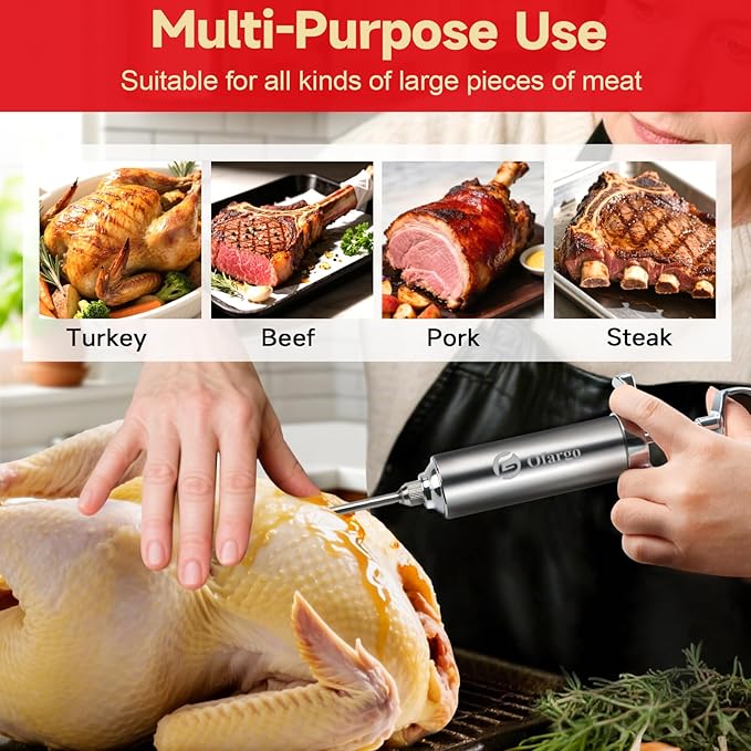 Ofargo Stainless Steel Meat Injector Syringe with 4 Marinade Needles and Travel Case for BBQ Grill Smoker, gifts for men dad husband in Thanksgiving Christmas day