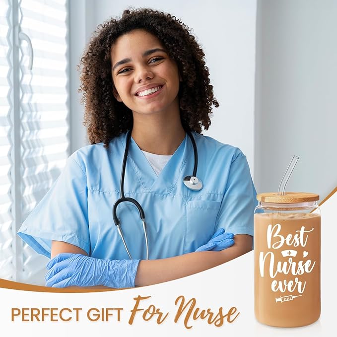SANDJEST Nurse Cup 16 Oz Glass Can with Bamboo Lid and Straw - Nurse Gifts for Women - Appreciation Nursing Gifts for Female on Birthday
