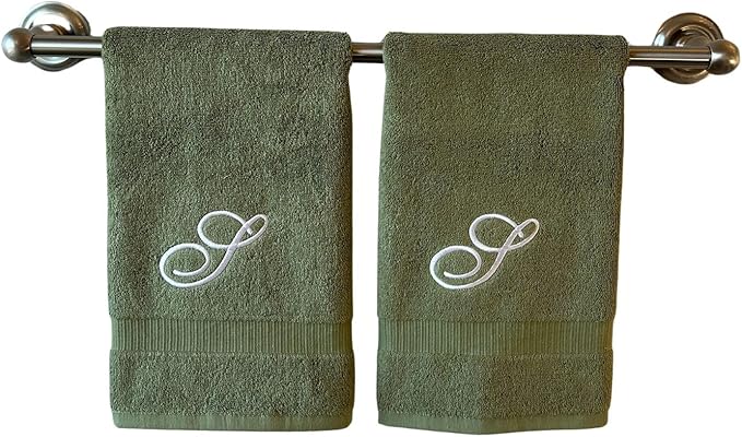 Sage Monogrammed Hand Towels for Bathroom - Luxury Hotel Quality Personalized Initial Embroidered Towel for Powder Room, Spa - GOTS Organic Certified - Set of 2 White Letter S