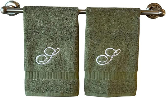 Sage Monogrammed Hand Towels for Bathroom - Luxury Hotel Quality Personalized Initial Embroidered Towel for Powder Room, Spa - GOTS Organic Certified - Set of 2 White Letter S