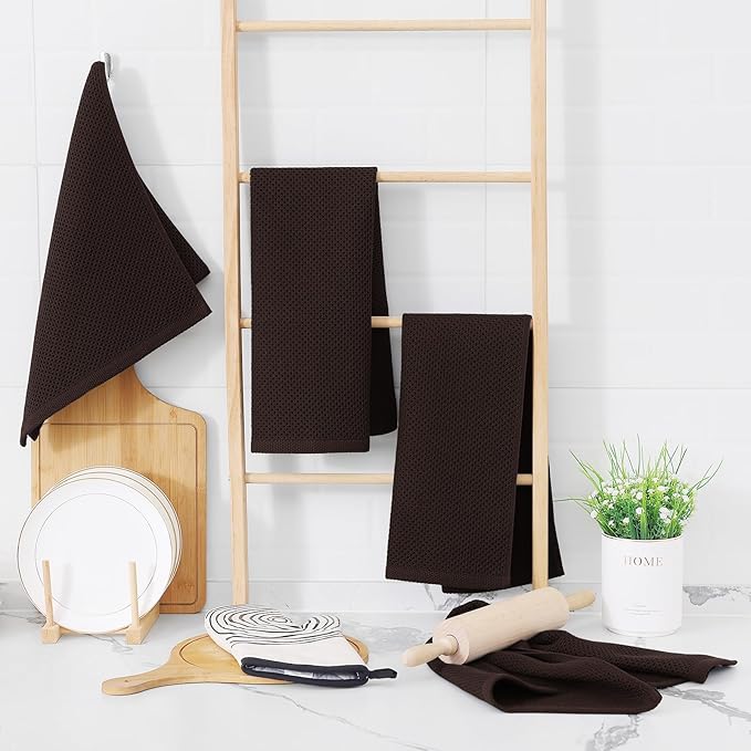 Homaxy 100% Cotton Waffle Weave Kitchen Dish Towels, Ultra Soft Absorbent Quick Drying Cleaning Towel, 13 x 28 Inches, 4-Pack, Dark Brown