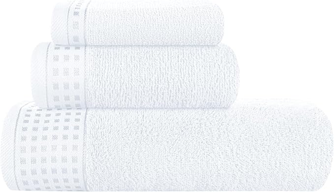 GLAMBURG Ultra Soft 3 Pack Cotton Towel Set, Contains a Bath Towel 28x55 inch, a Hand Towel 16x24 inch & a Wash Coth 12x12 inch, Ideal Everyday use, Compact & Lightweight - White