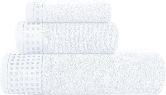 GLAMBURG Ultra Soft 3 Pack Cotton Towel Set, Contains a Bath Towel 28x55 inch, a Hand Towel 16x24 inch & a Wash Coth 12x12 inch, Ideal Everyday use, Compact & Lightweight - White