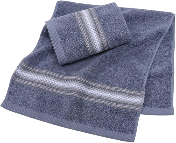 YiLUOMO Blue Hand Towel Set of 2 Soft 100% Cotton Textured Striped Pattern Highly Absorbent Decorative Hand Towels for Bathroom 13 x 29 Inch